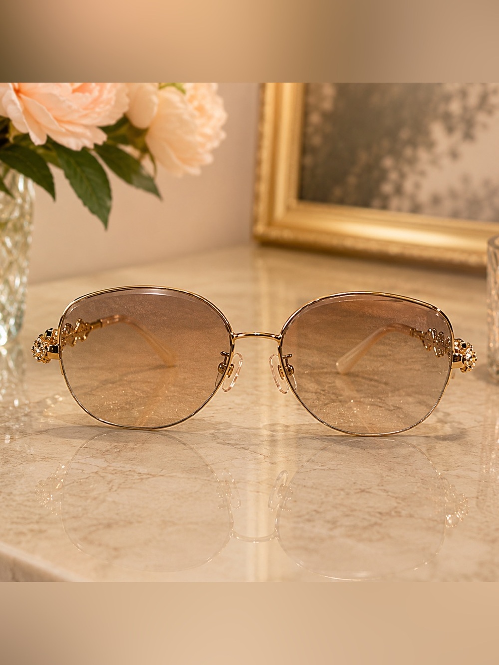 Coach Charm Story Rose Gold Rimless Floral Crystal Sunglasses w/ Case - Picture 6 of 13